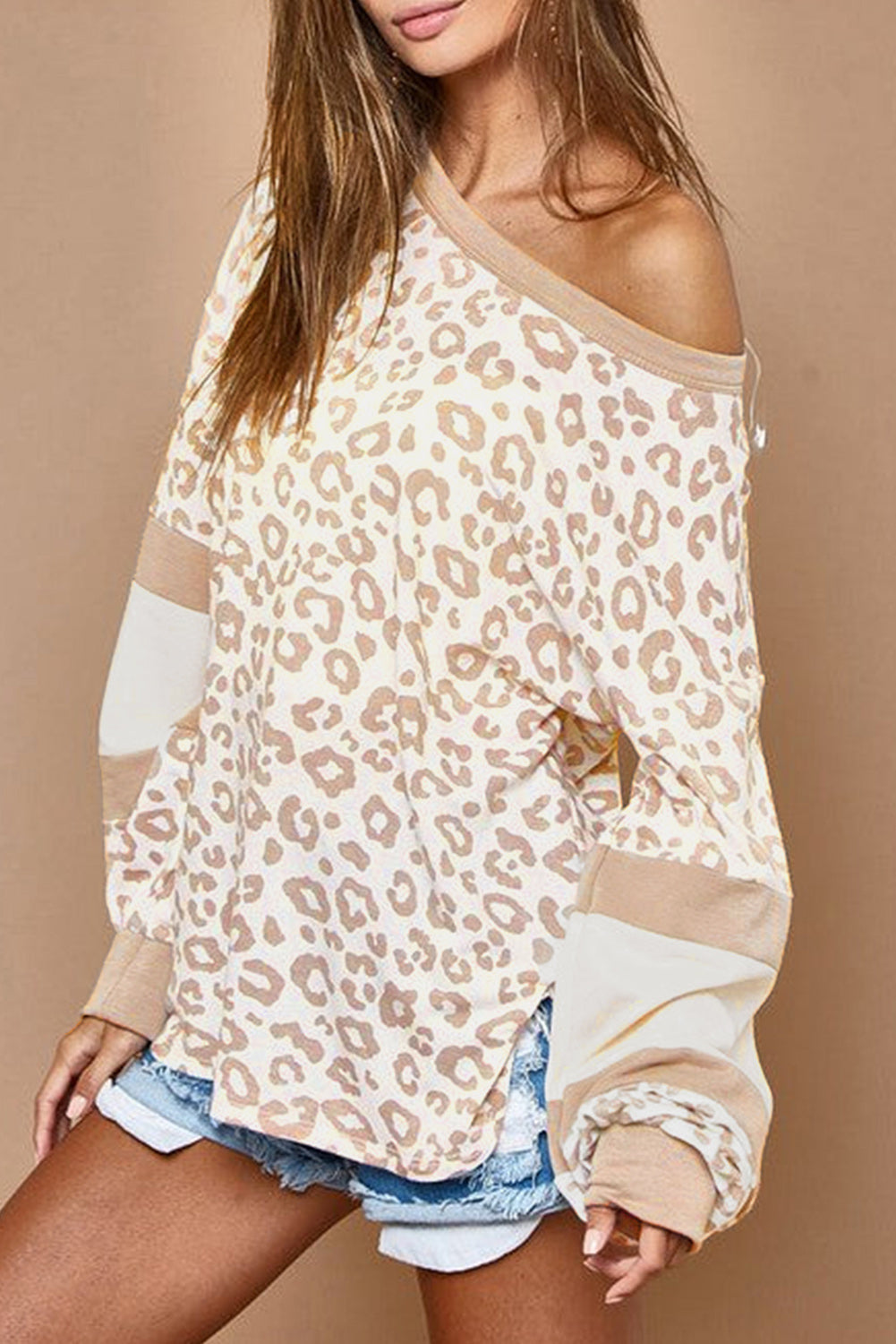 Leopard Print Round Neck Puff Sleeve Top