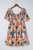 Plus Size Shirred Mixed Print Ruffle Dress