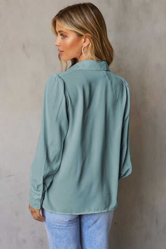 Sky Blue Solid Color Button Up Puff Sleeve Blouse