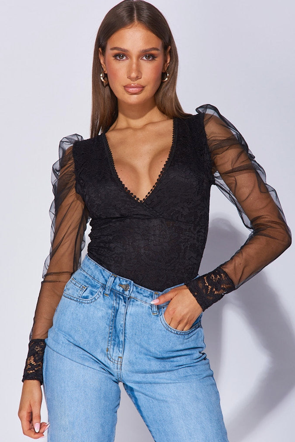 V Neck Lace Sheer Puff Sleeve Bodysuit