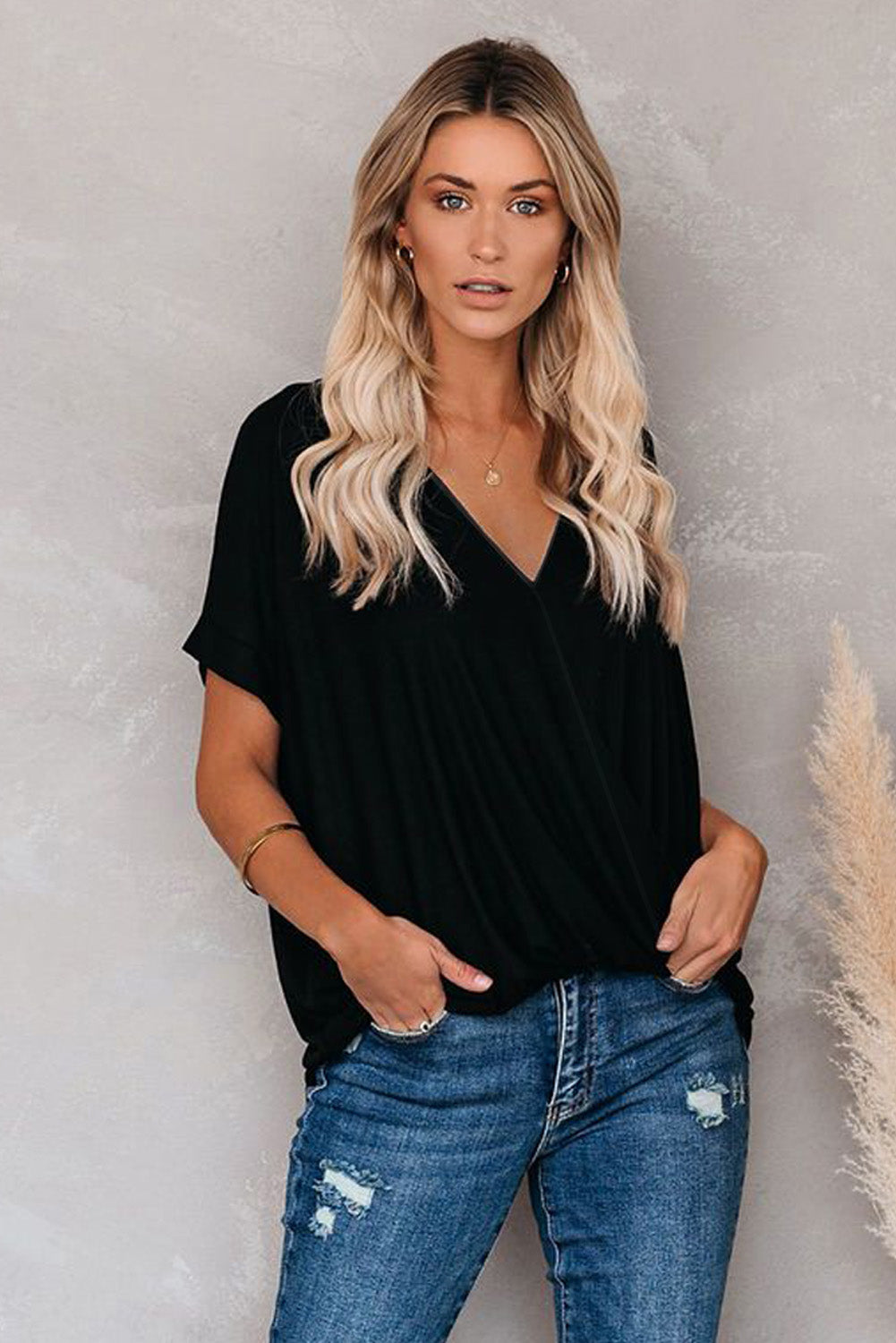 Black Short Sleeves Drape Knit Top