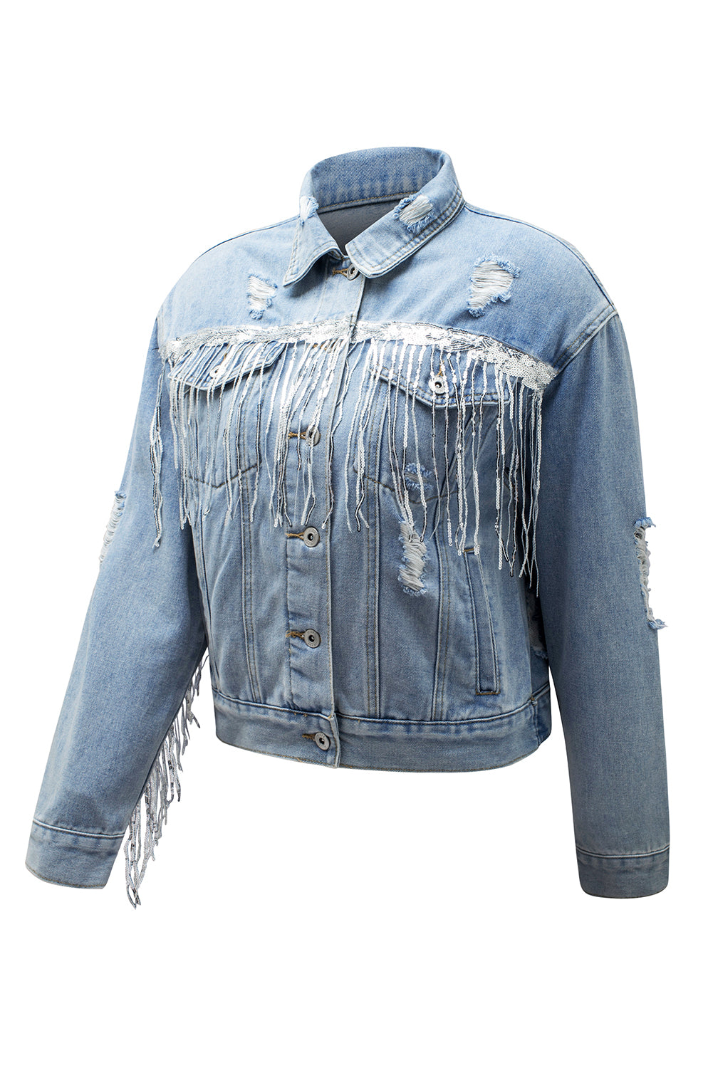 Sky Blue Sequin Embellished Fringe Distressed Denim Jacket