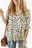 Leopard Print Frilled Half Sleeve Blouse with Tassel Tie