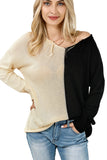 2-tone Color Block Raw Edge V Neck Sweater