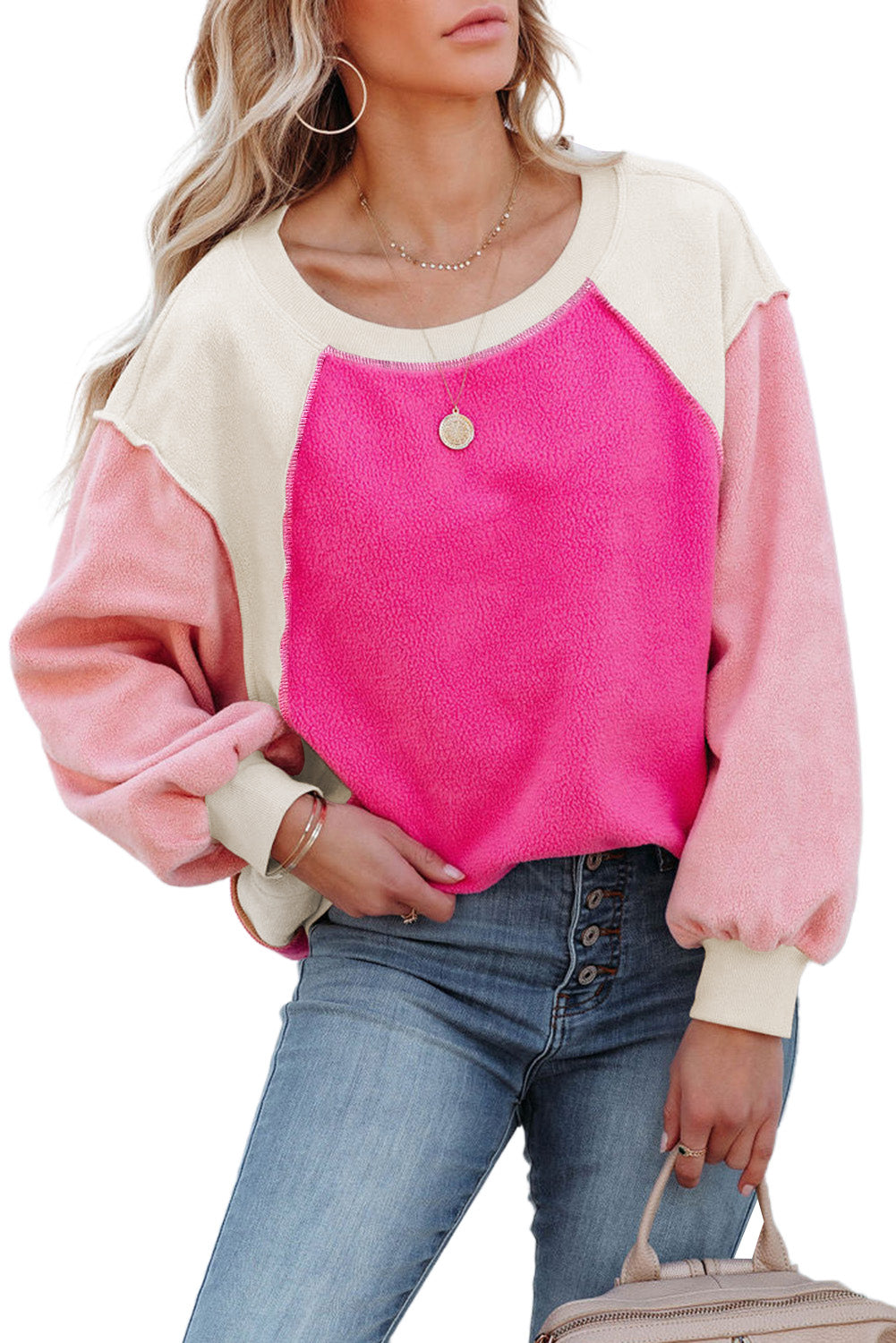 Rose Colorblock Long Sleeve Pullover Fleece Sweatshirt