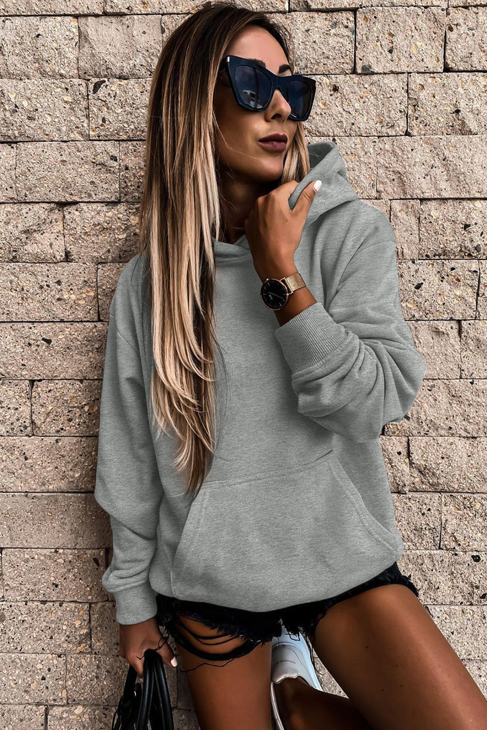 Sweat à capuche ample gris avec poche kangourou