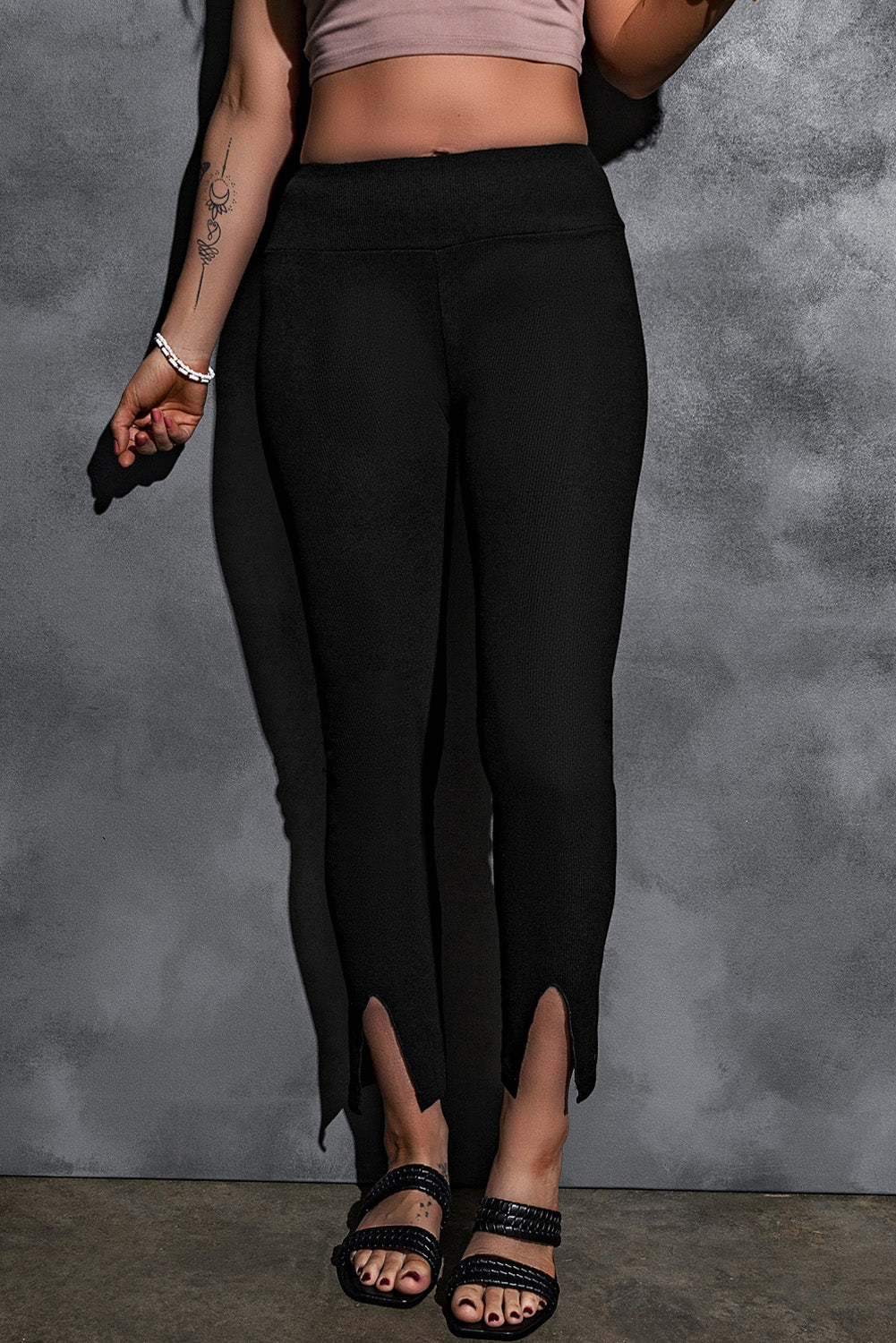 Rib Knit High Waist Slit Leggings