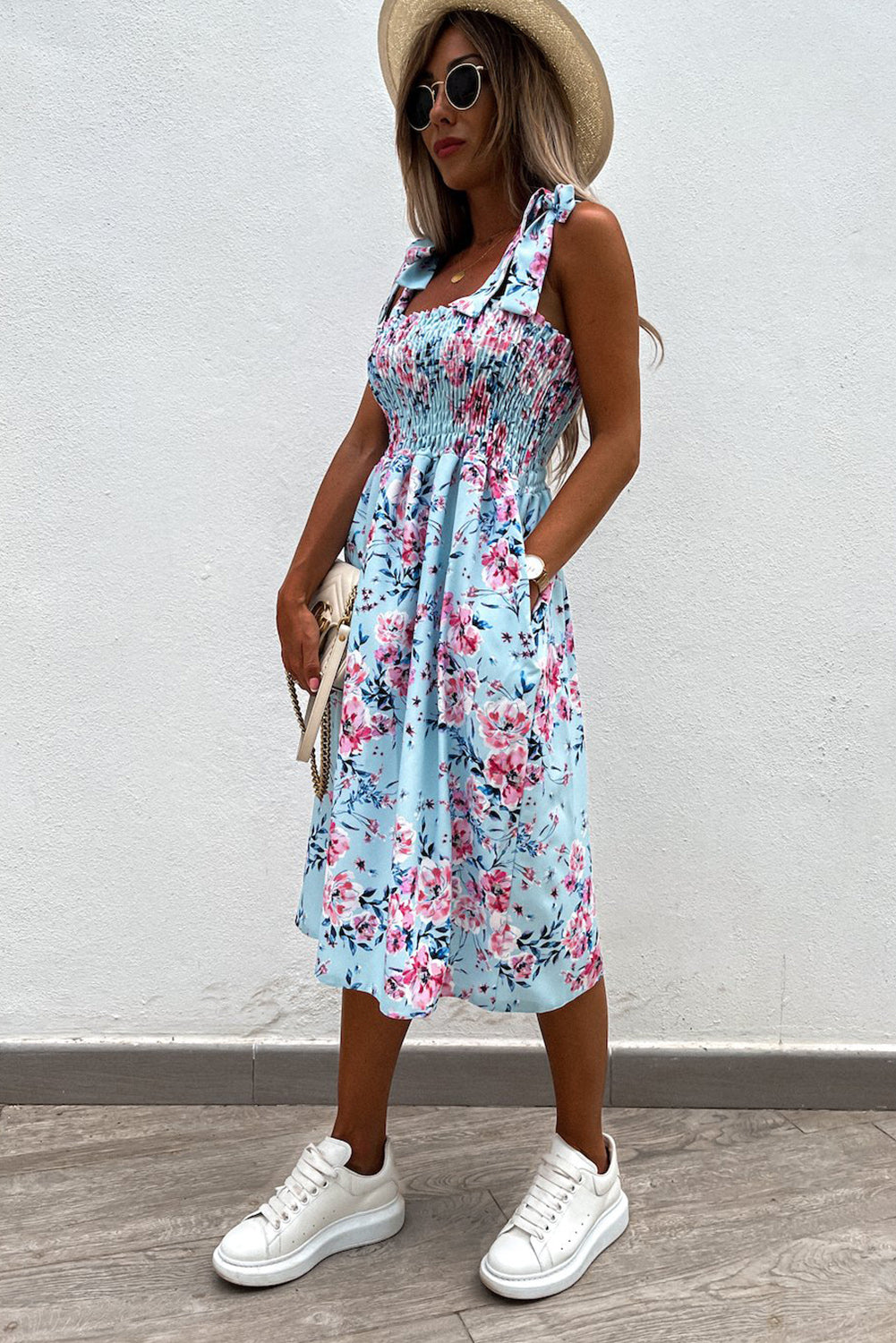 Apricot Tie Straps Smocked Floral Dress