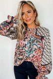 Mixed Floral Geometric Print Ruffled Long Sleeve Blouse