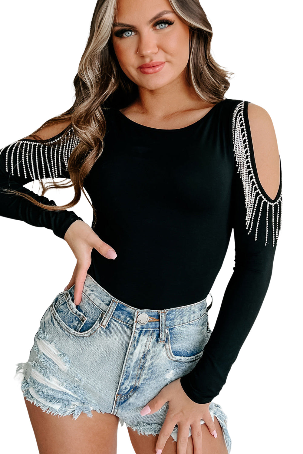 Rhinestone Fringed Cold Shoulder Long Sleeve Bodysuit