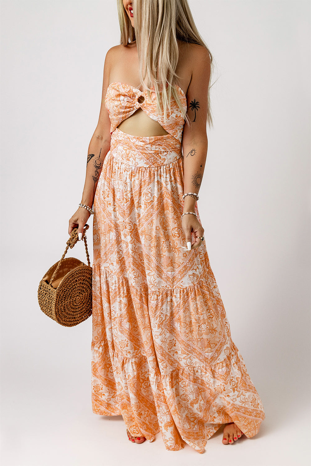 O-ring Cut out Floral Print Strapless Maxi Dress