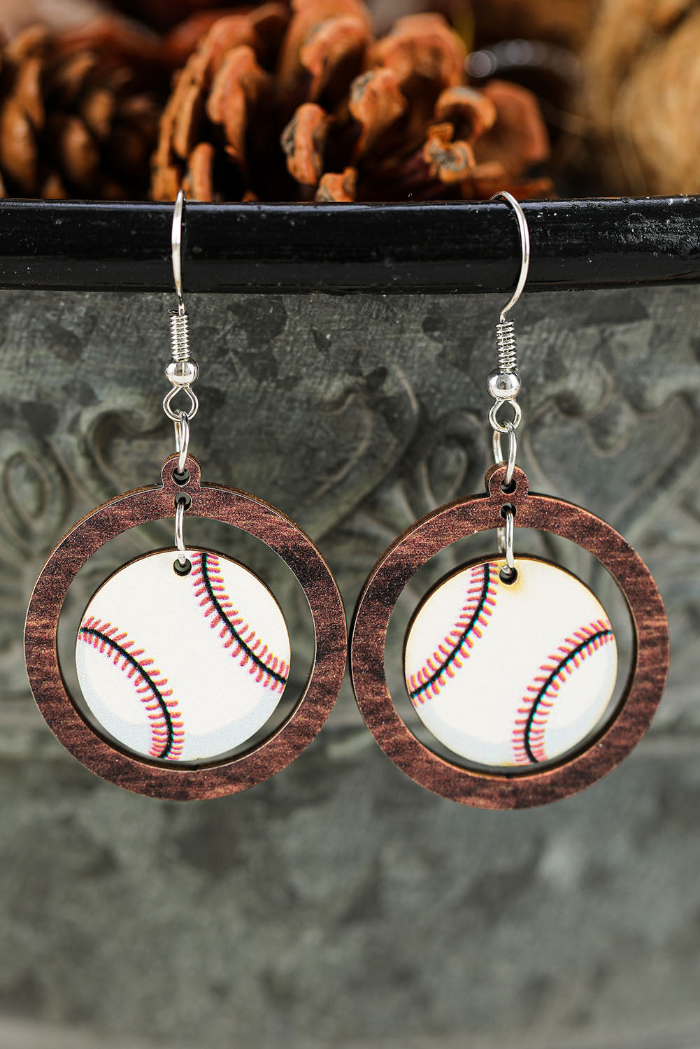 Baseball Pattern Wood Round Drop Earrings