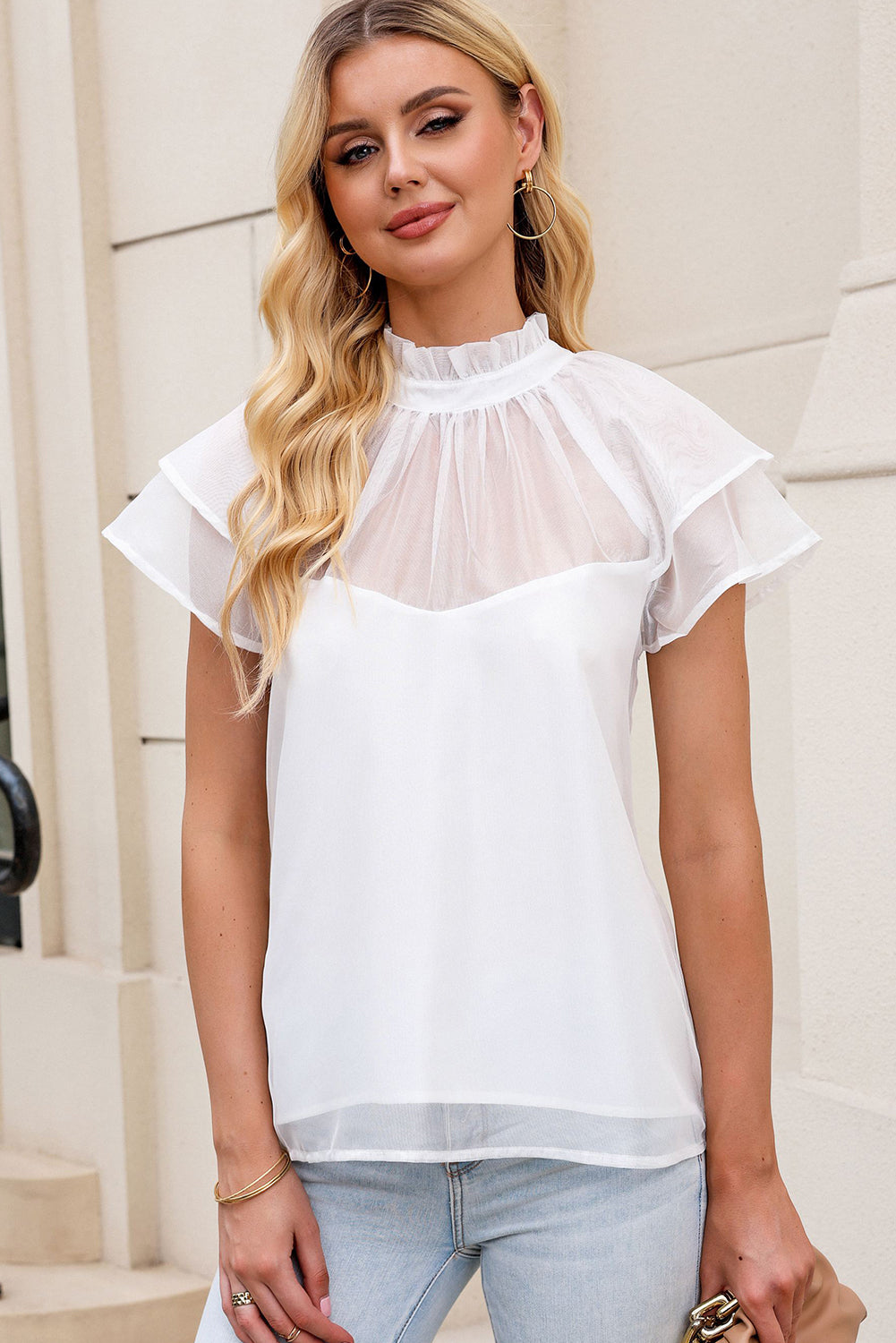 Sheer Ruffle Sleeve Splice Mock Neck Blouse