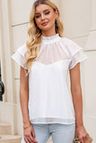 Sheer Ruffle Sleeve Splice Mock Neck Blouse