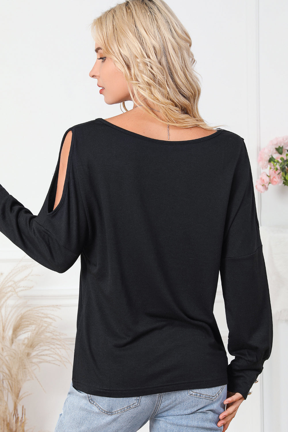 Asymmetrical Cut Out Buttoned Long Sleeve Top