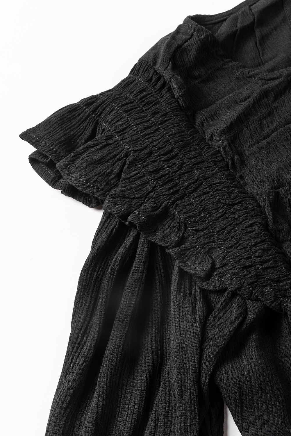 Black Crinkle Ruffle Trim Keyhole Puff Sleeve Blouse