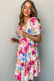 Sweet Floral Wrap V Neck Skater Dress