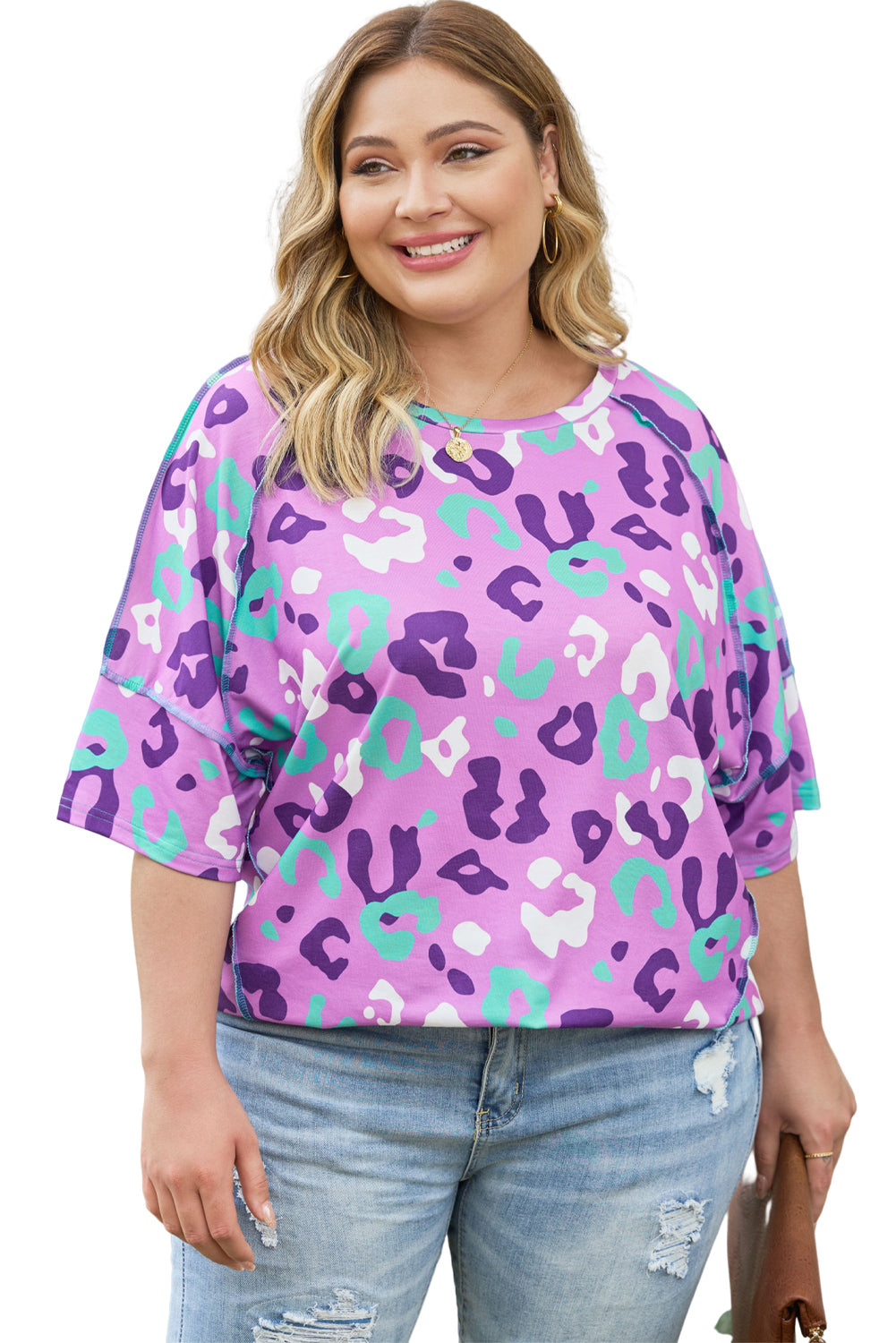 T-shirt à manches courtes Rose Leopard Kiss imprimé de grande taille