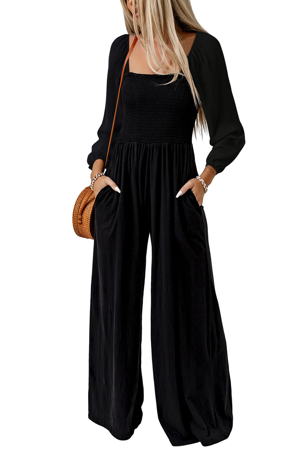 Smocked Square Neck Long Sleeve Wide Leg Jumpsuit