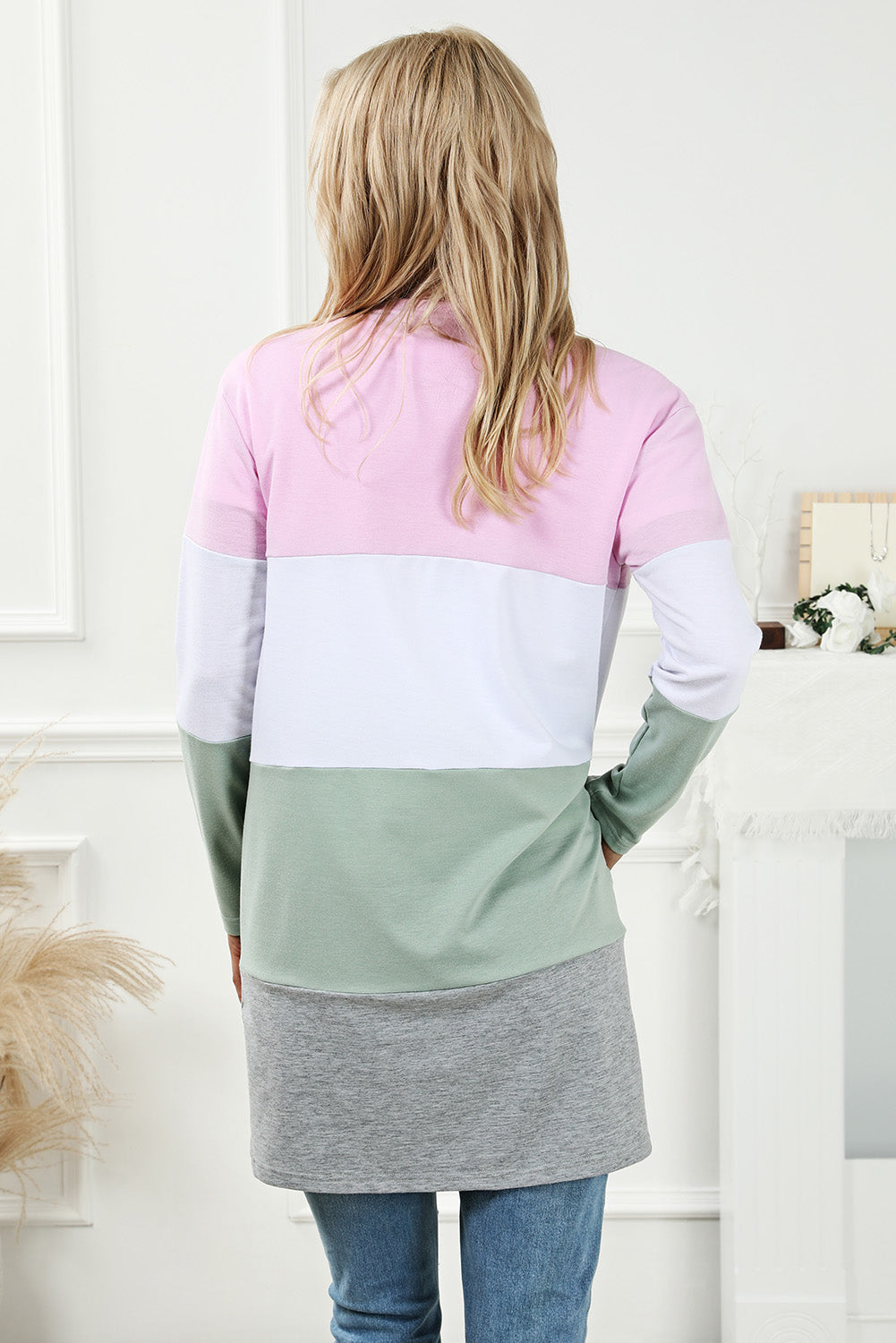 Rose Cardigan Colorblock Ouvert sur le Devant Grande Taille