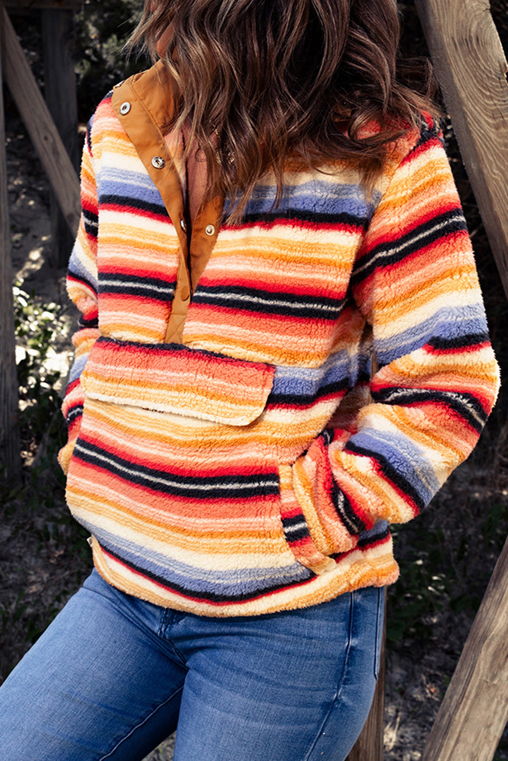 Striped Kangaroo Pocket Buttoned Sherpa Sweatshirt