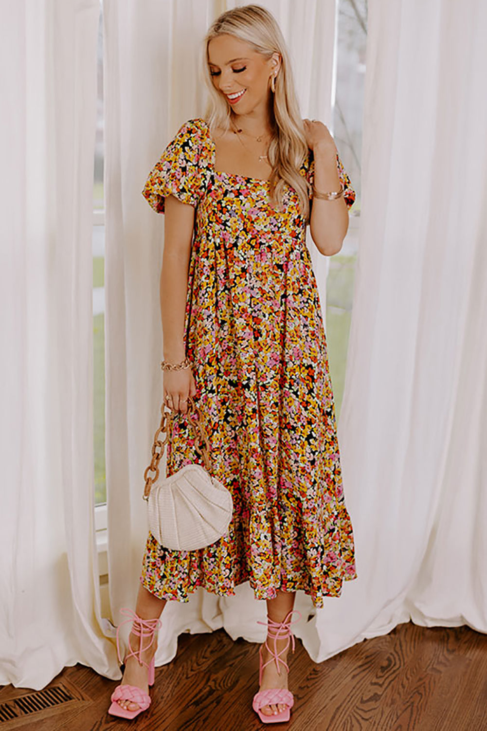 Puff Sleeve Square Neck Open Back Floral Midi Dress