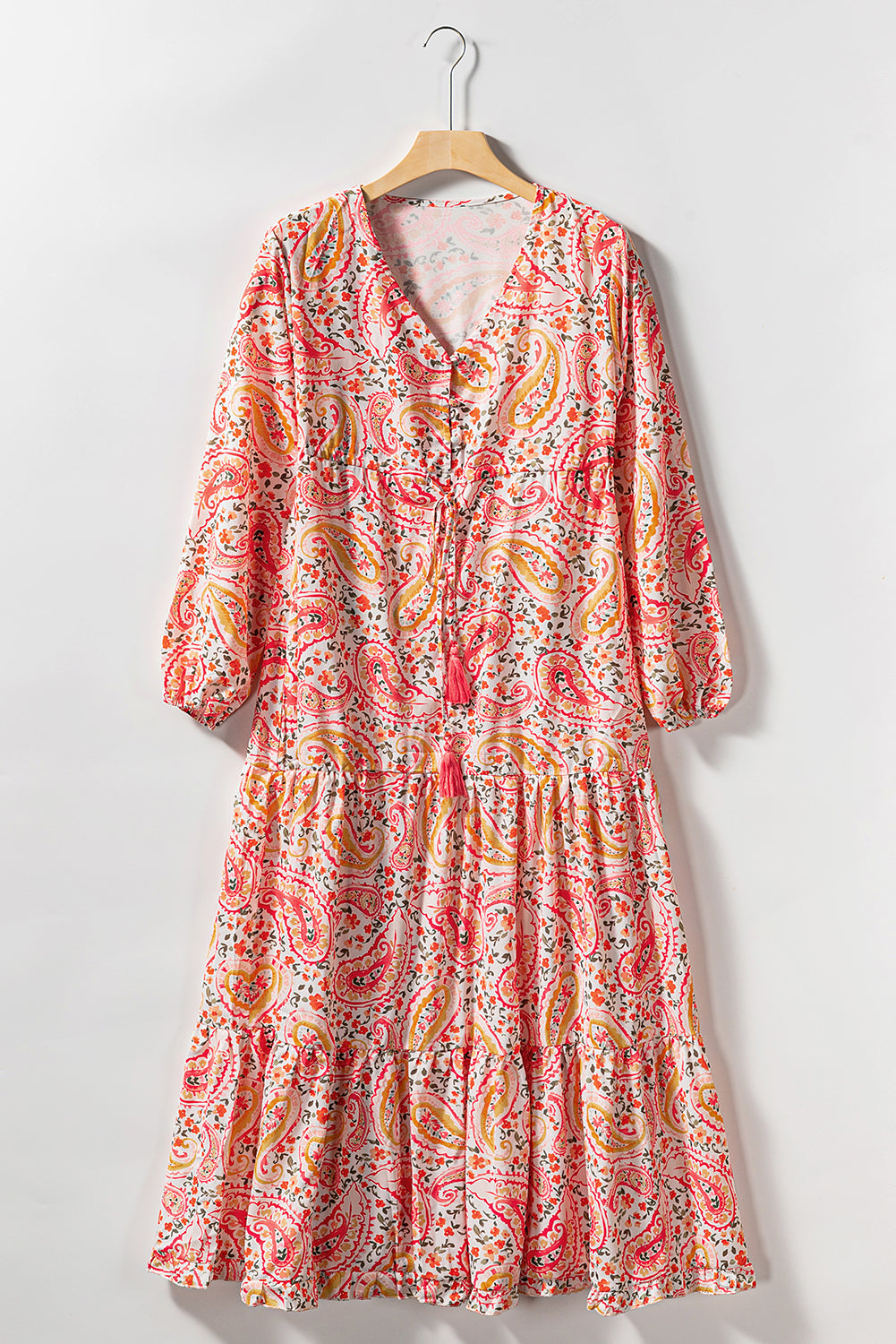 Boho Holiday Paisley Print Tiered Long Sleeve Maxi Dress