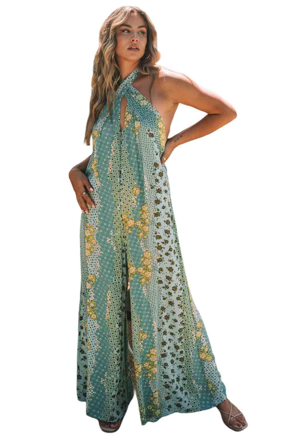 Boho Print Cut-out Halter Neck Backless Jumpsuit