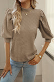 Simply Taupe Vintage Textured Puff Sleeve Mock Neck Top