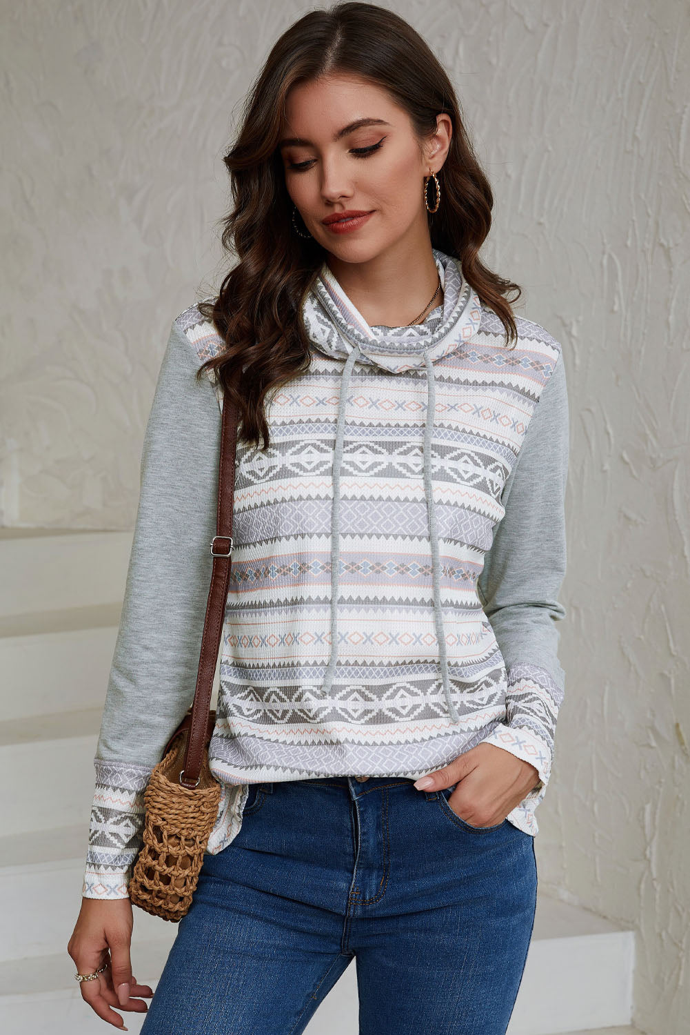 Aztec Print Waffle Knit Cowl Neck Sweatshirt