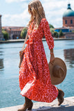 Printed 3/4 Sleeve V Neck Shirt Long Dress with Belt