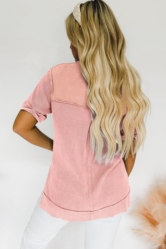 Chemise boutonnée à manches courtes en tricot gaufré rose délavé à l'acide