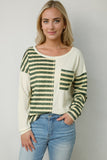 Striped Patch Textured Fabric Long Sleeve Top