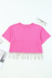 Rhinestone Fringe Short Sleeve Crop Top