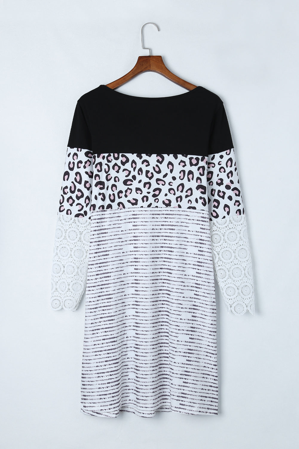 Striped Leopard Patchwork Lace T Shirt Dress