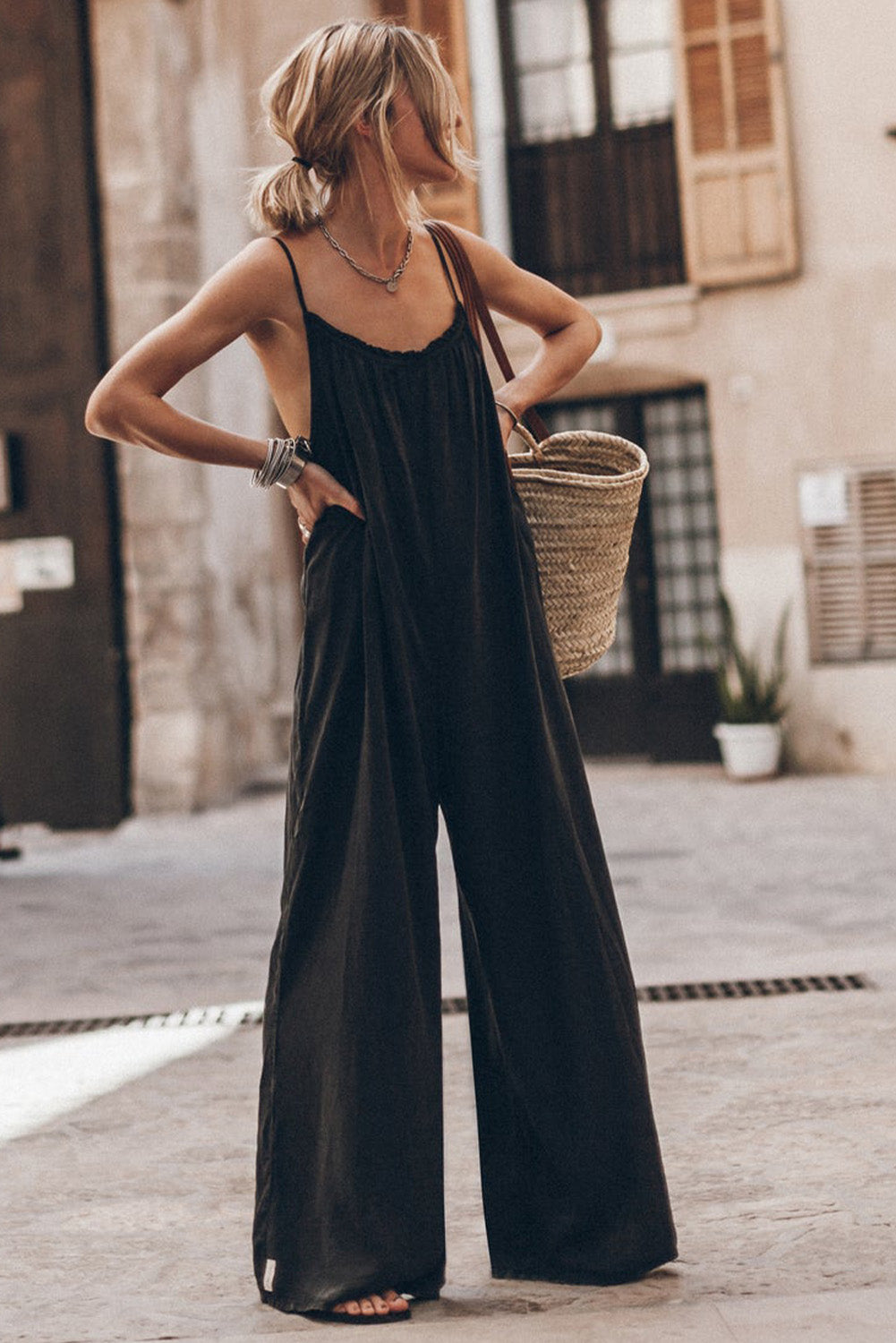 Frilled Neckline Backless Wide Leg Jumpsuit