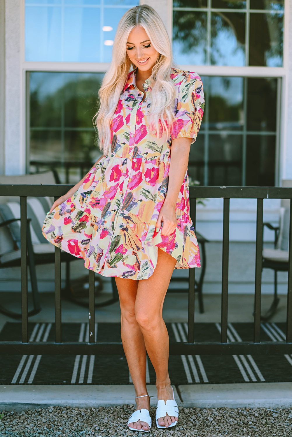 Floral Print Short Sleeve Shirt Dress