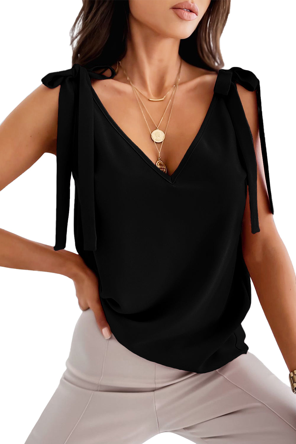 Tie On Shoulder V Neck Tank Top