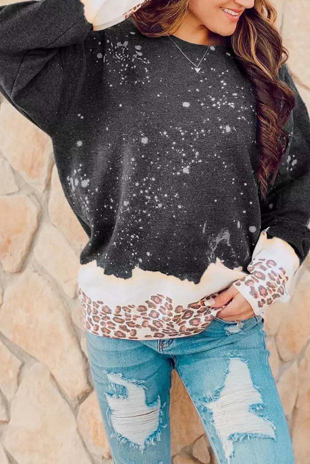 Red Leopard Bleached Pullover Sweatshirt