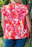 Blouse florale grande taille à col volanté et manches étagées à volants roses