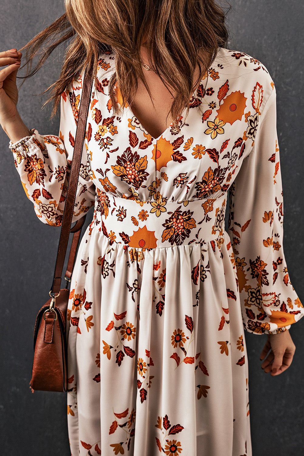 Leaf Print V Neck Puff Sleeve Maxi Dress