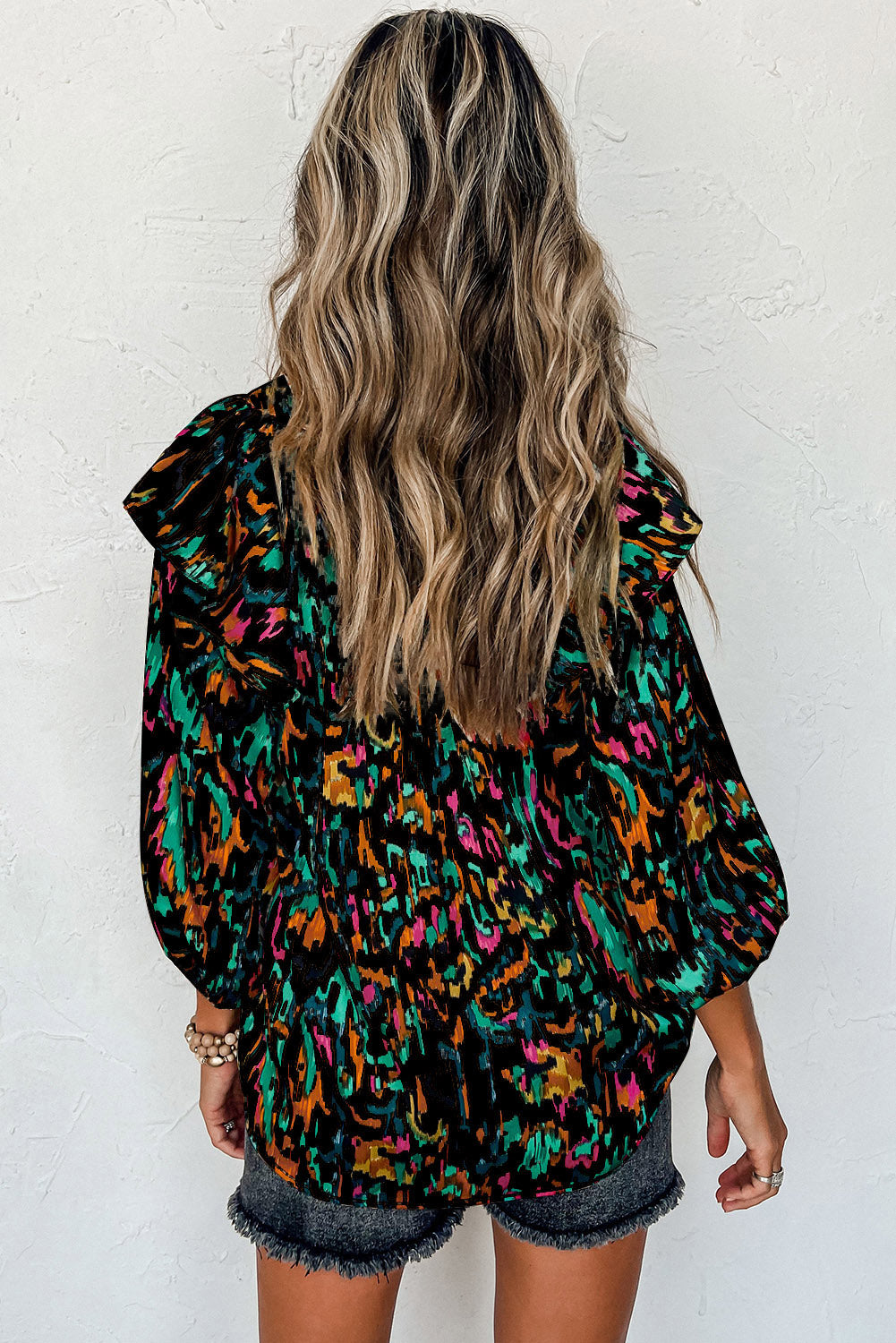 Multicolor Abstract Print 3/4 Puff Sleeve Ruffle Blouse