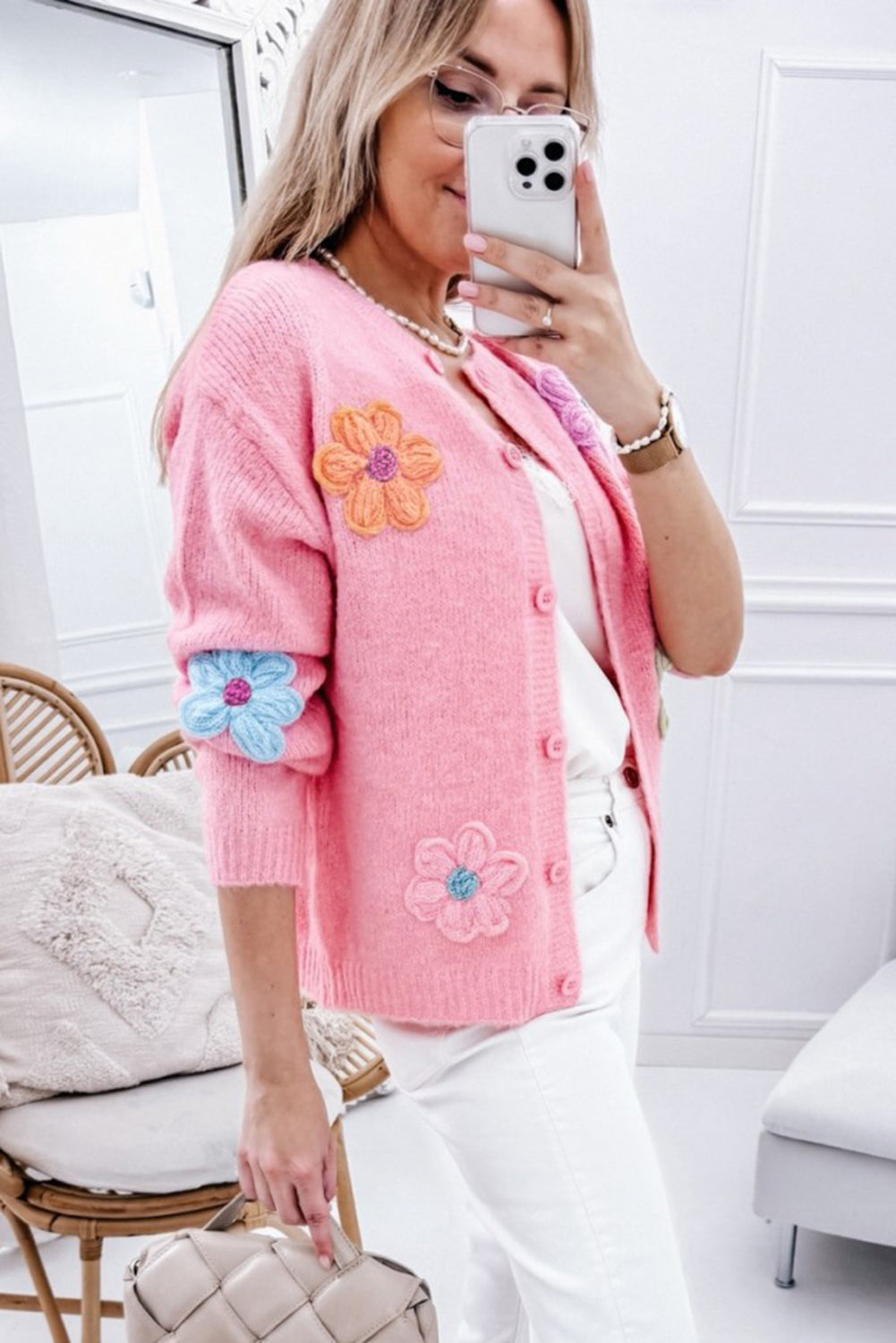 White Cute Knitted Floral Pattern Button Up Cardigan