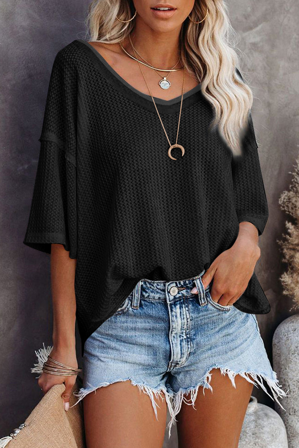 White Waffle Knit Drop Shoulder Loose Top