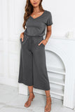 Drawstring Waist Short Sleeve Wide Leg Jumpsuit