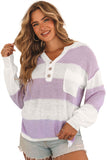 Striped Knit Button Ribbed Split Neck Sweater