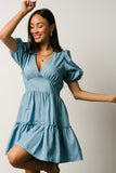 V Neck Bubble Sleeve Ruffle Flared Mini Dress