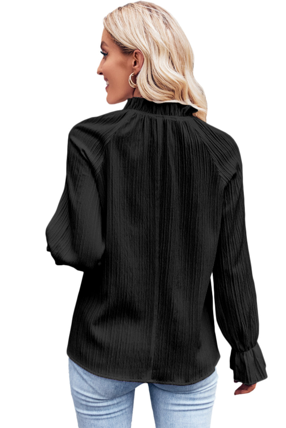 Frilled Mock Neck Ripple Bubble Sleeve Blouse