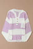 Striped Knit Button Ribbed Split Neck Sweater