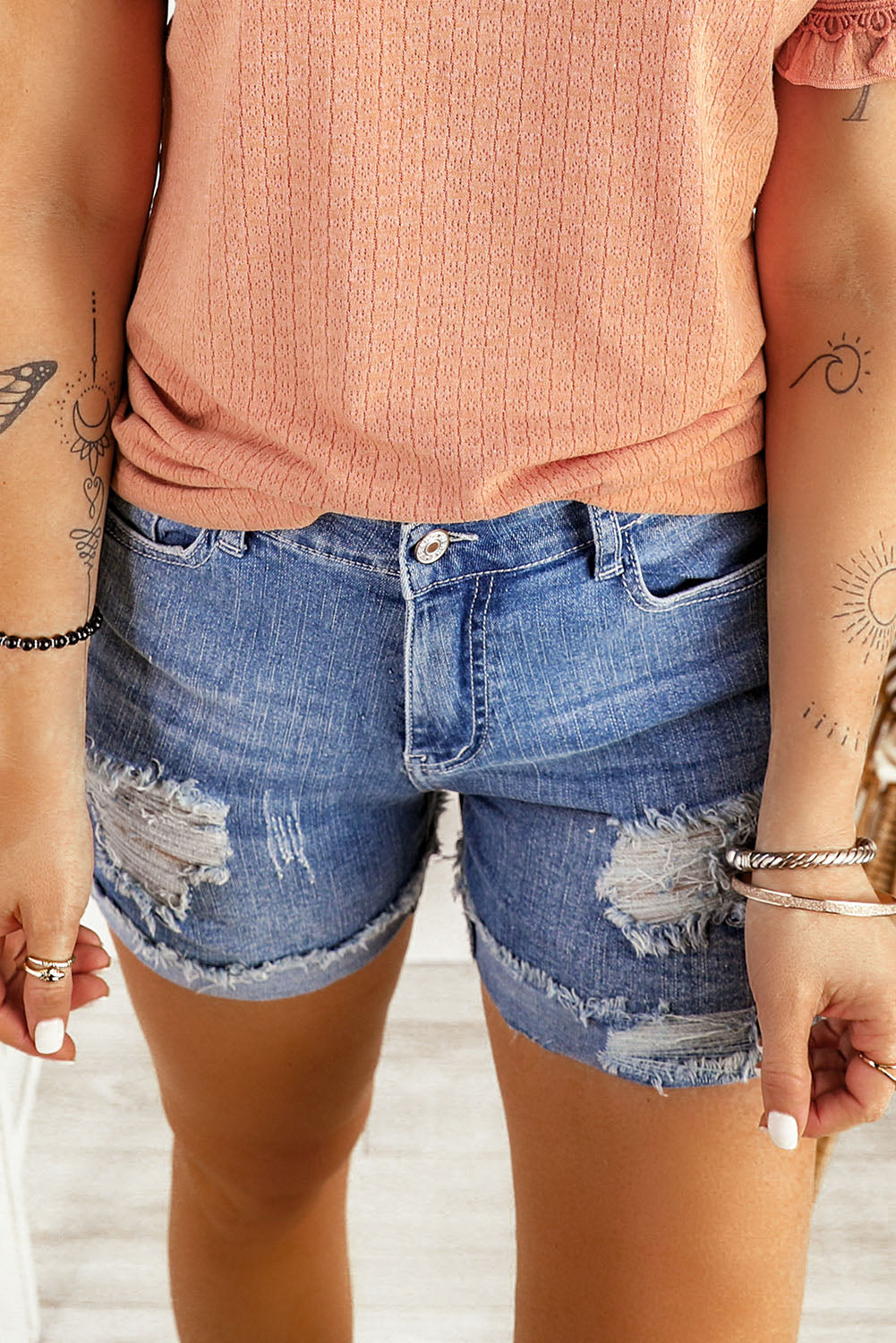 Distressed Ripped Rolled Hem Denim Shorts